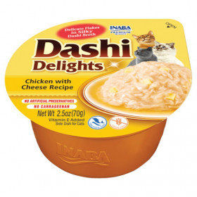 Деликатесен бульон за котки Dashi Delights Chicken with Cheese Recipe с късчета пилешко филе и сирене 70гр.